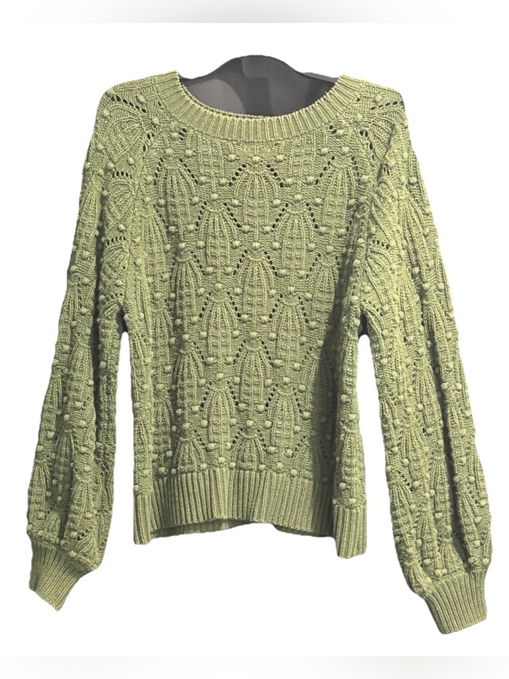 Jun & Ivy Sage Green Bobble Open Knit Balloon Sleeve Pullover Sweater Sz Medium